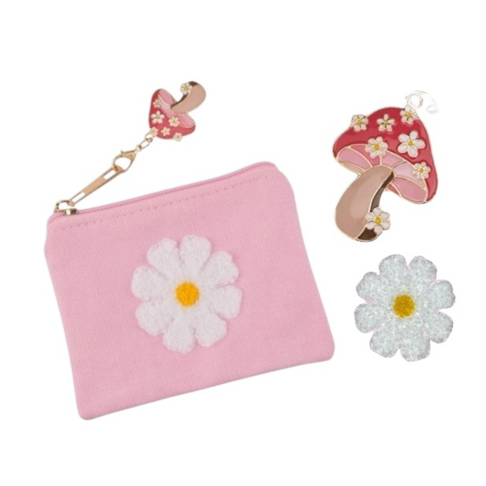 Pink Daisy Coin Pouch with Mushroom Charm Keychain - Picture 9 of 9